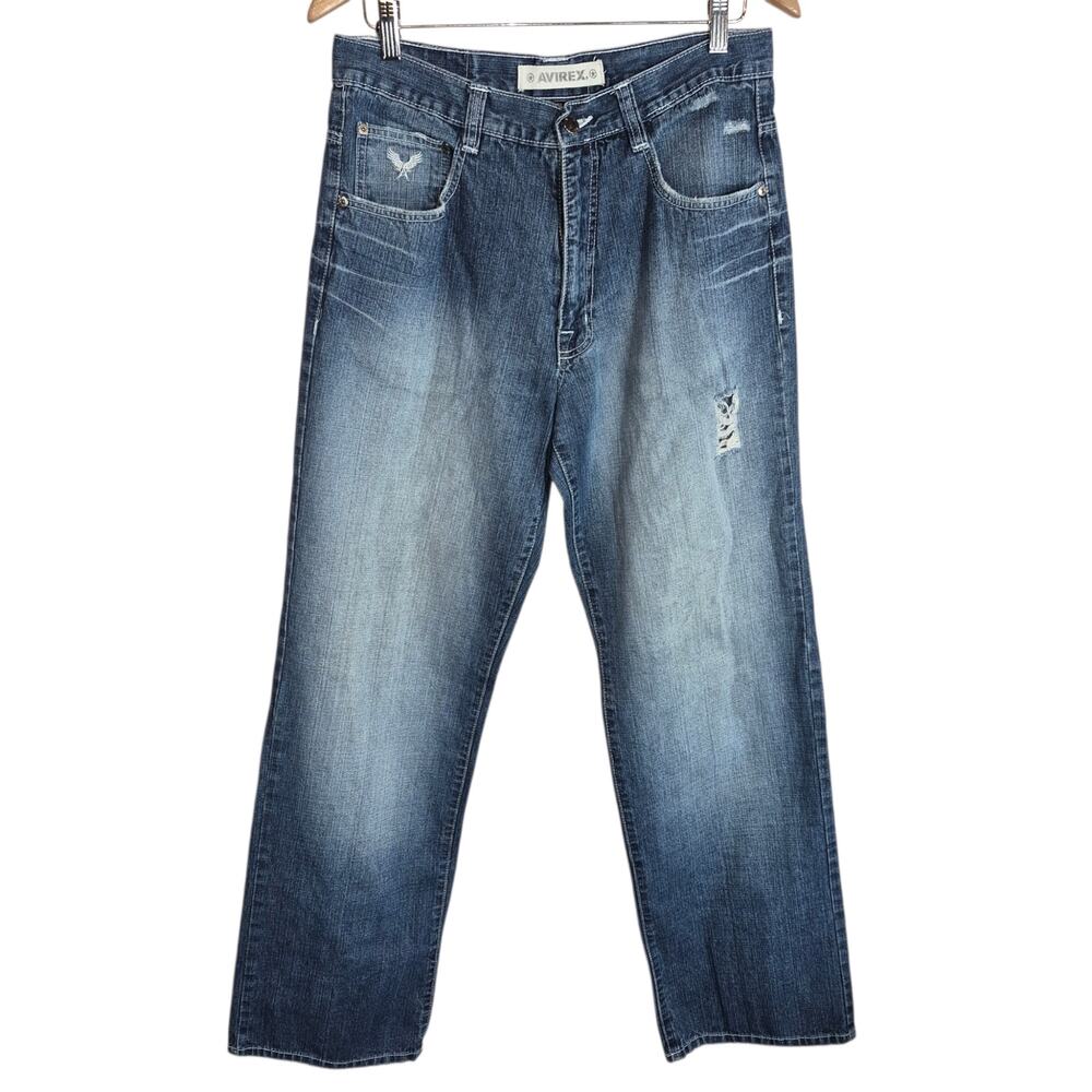 Vintage Y2K Avirex Men's Distressed Baggy Fit Straight Leg Streetwear Jeans 32